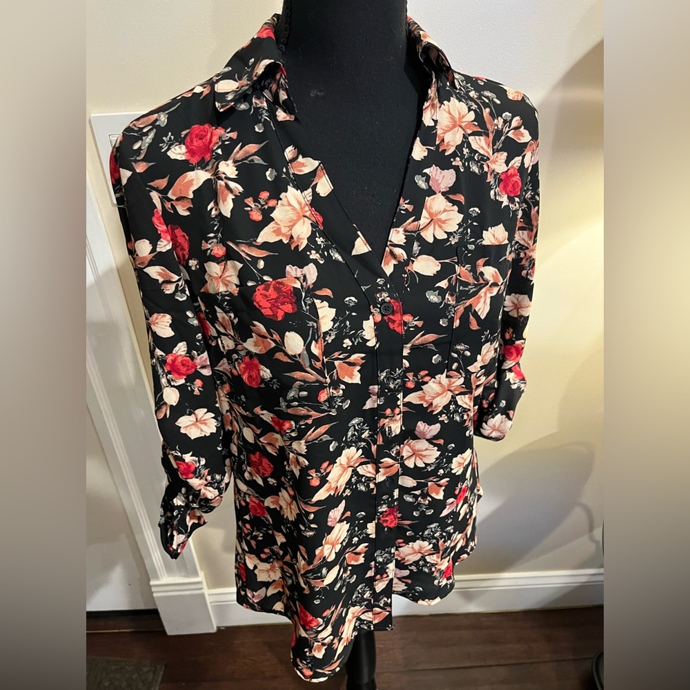 Express Black Floral Button-Down Shirt with Red and Cream Flowers
